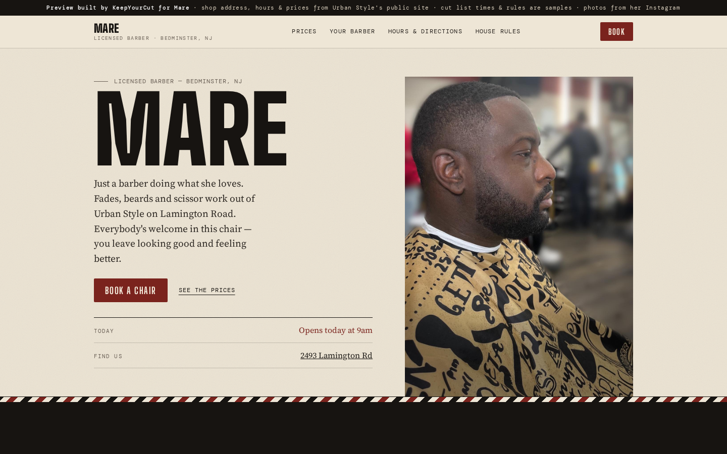 Mare's booking site, a licensed barber in Bedminster, NJ